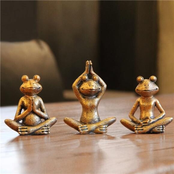 Bronze Frog Figurines, 3-Piece Yoga Decor Set, Antique Bronze Color, - Picture 1 of 7